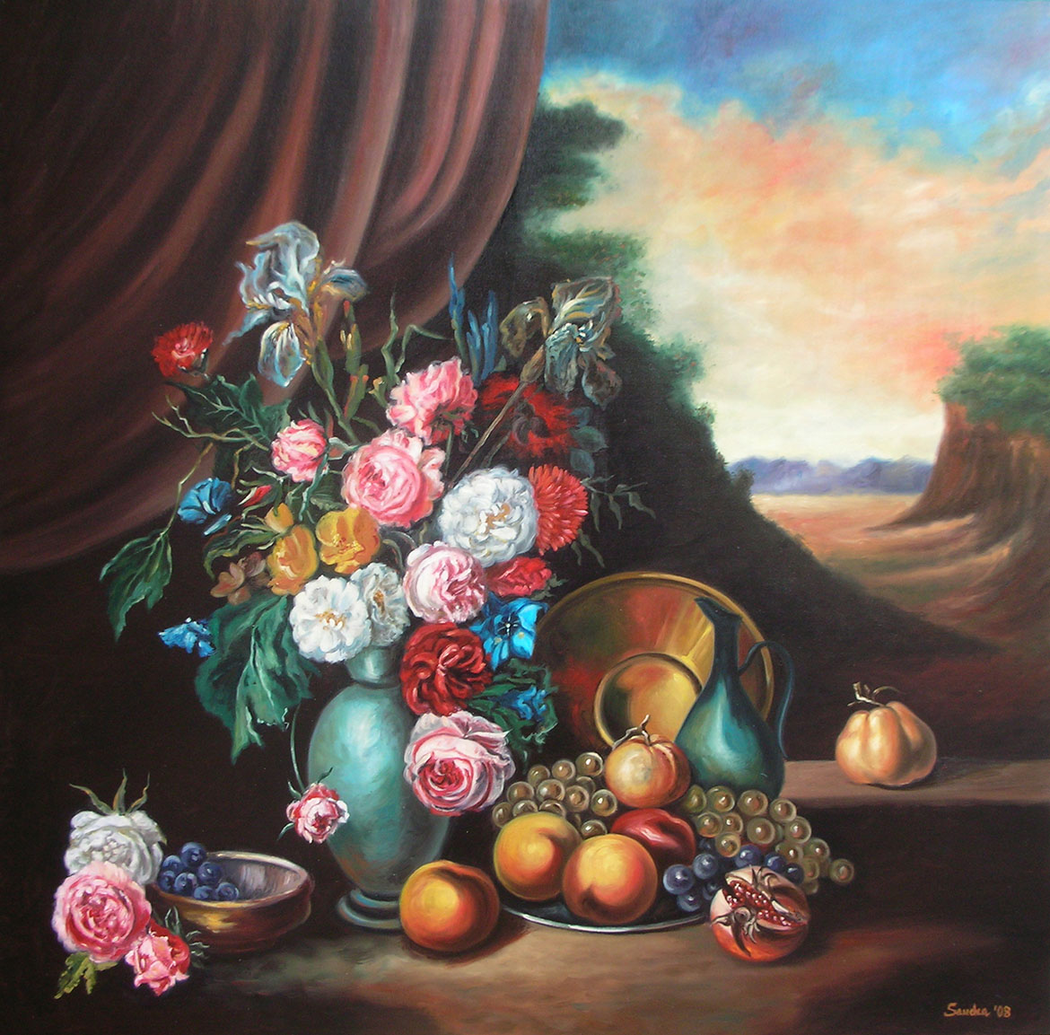 Natura morta con paesaggio