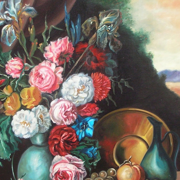 Natura morta con paesaggio